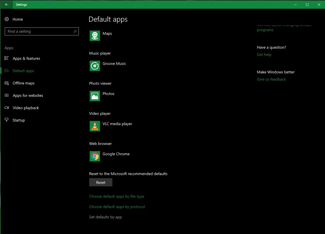 windows 10 default apps settings
