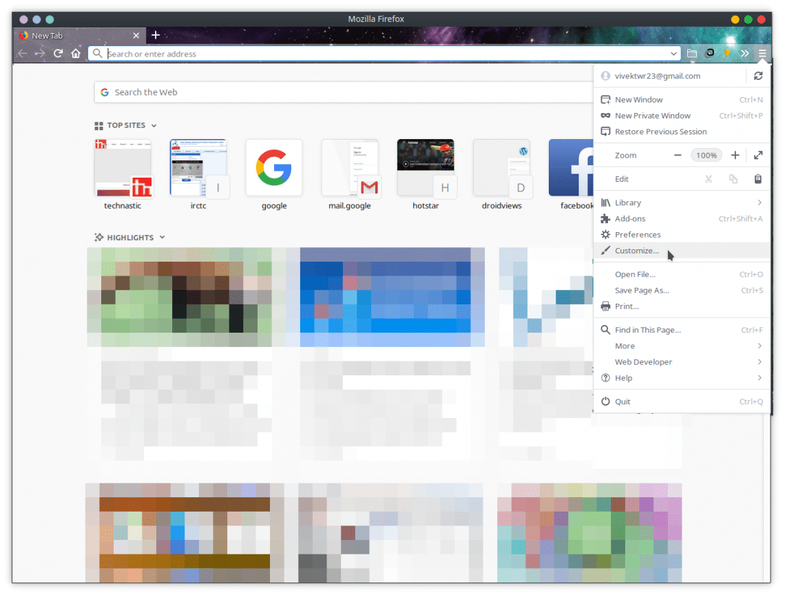 Firefox customization settings