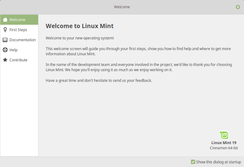 Linux Mint 19 welcome screen
