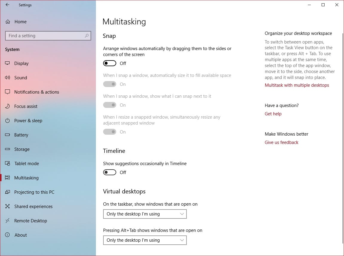 Windows 10 multitasking settings