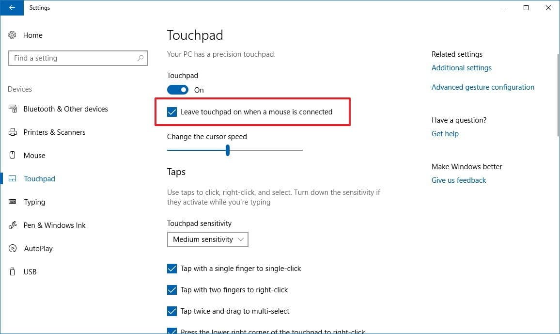 Touchpad settings on windows 10