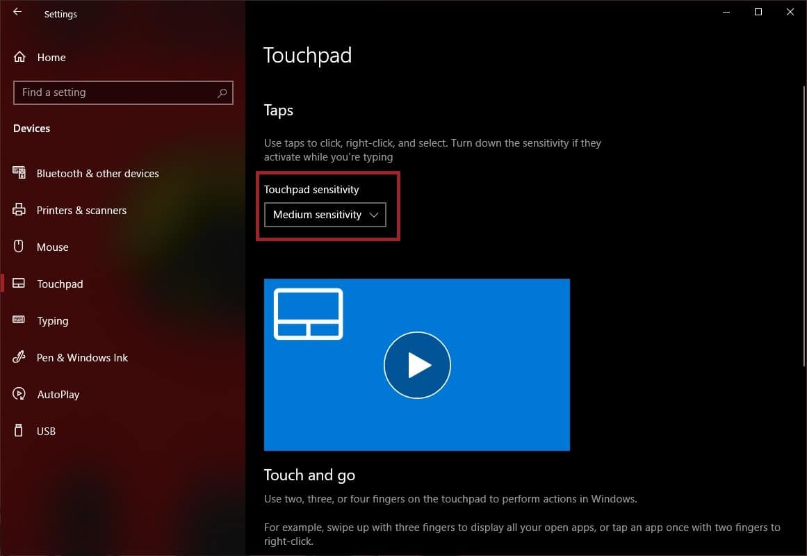 windows 10 touchpad sensitivity settings