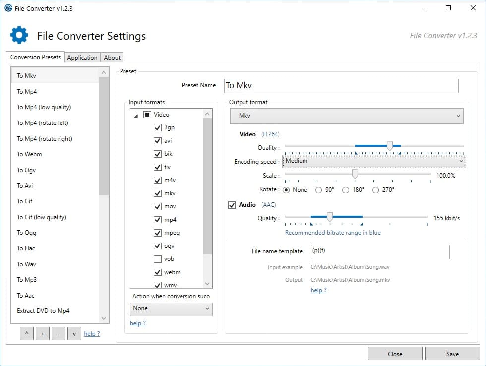 file converter settings for audio, image, video and other file formats
