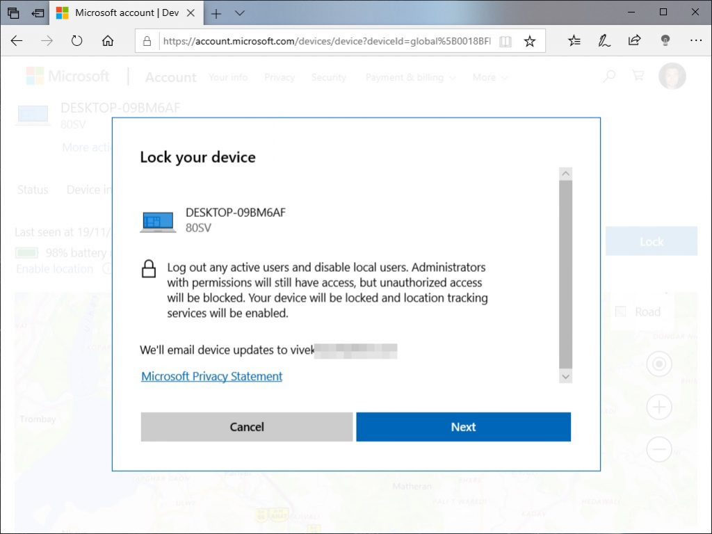 remotely lock device windows 10