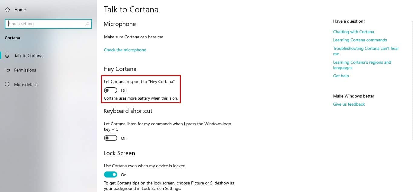 Cortana always-listening toggle
