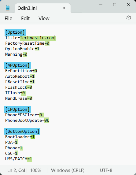 odin3 ini configuartion settings file