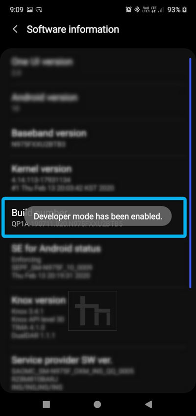 developer options enabled note 10