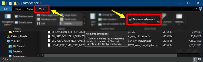 Windows file name extensions option