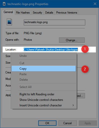 folder path file properties windows 10