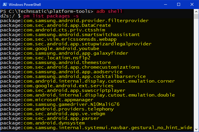 adb shell list system apps command