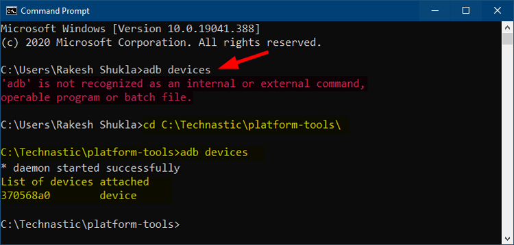 cd command to change path to adb and fastboot