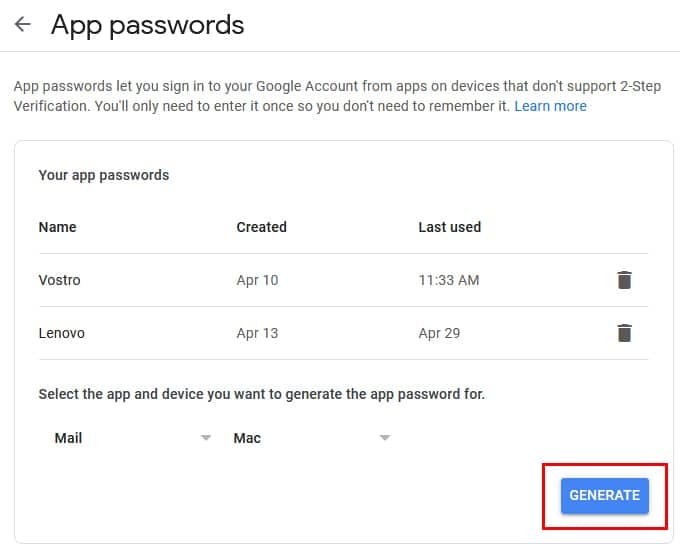 Generate application specific password on Google