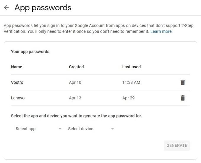 Google application specific passwords