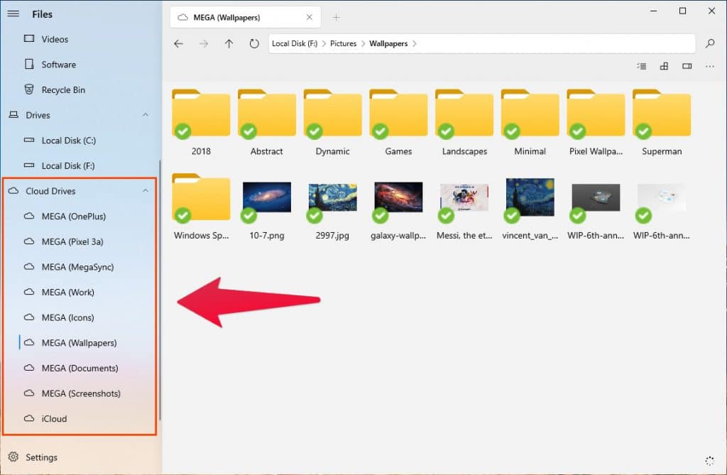 collapsible cloud folders list windows 10 files app