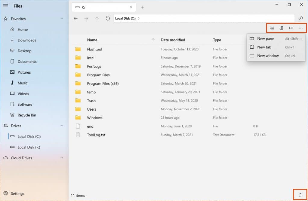 Buttons on the Modern Fluent Design files app