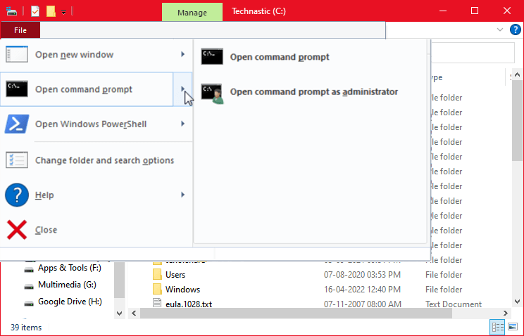command prompt in file explorer file menu