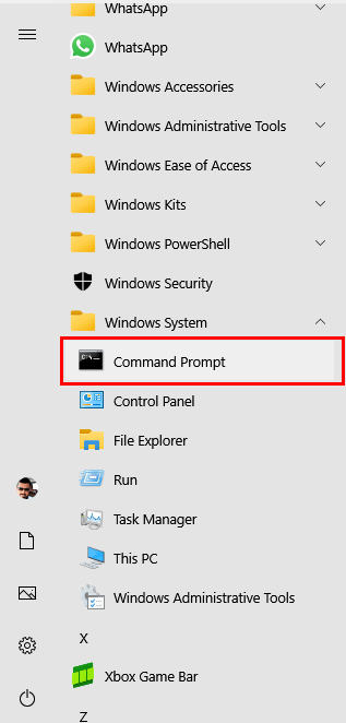 command prompt in windows start menu
