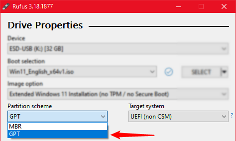 select bootable usb partition scheme