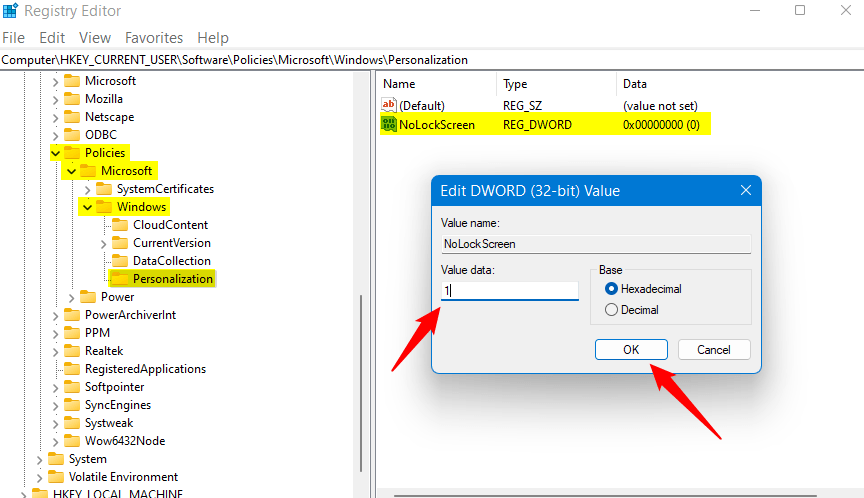 disable lock screen in windows via registry editor