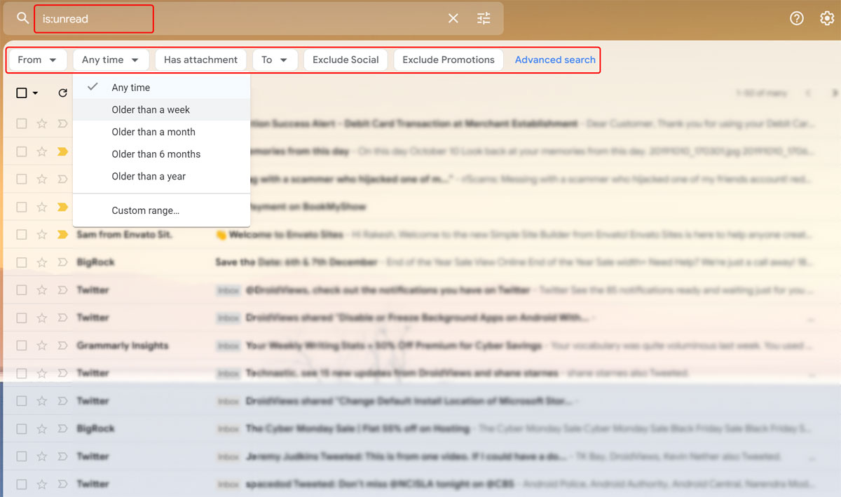is:unread in:inbox in gmail search for unread emails