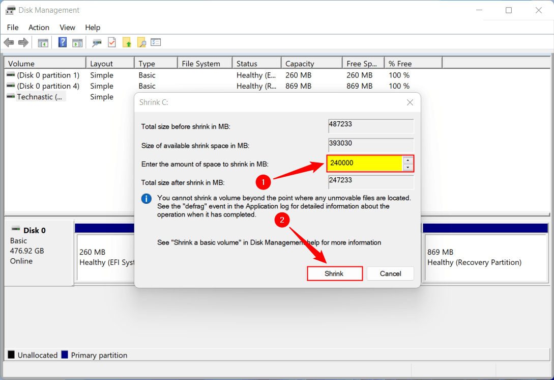 choose partition size for c drive in windows