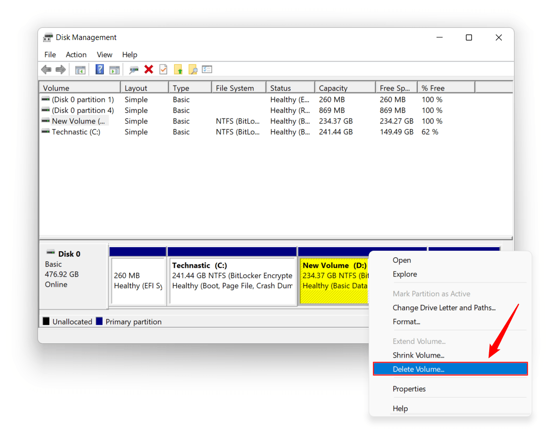 delete partition in windows disk management