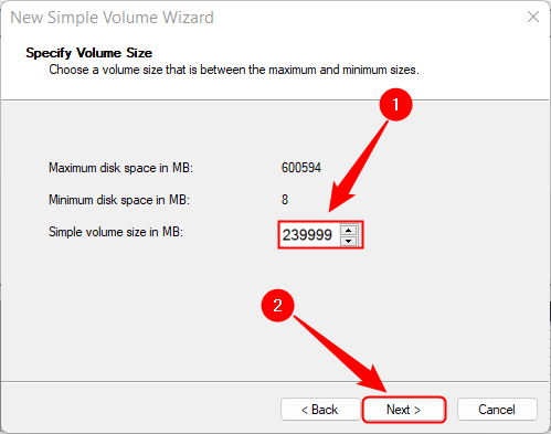 specify new volume size in disk management