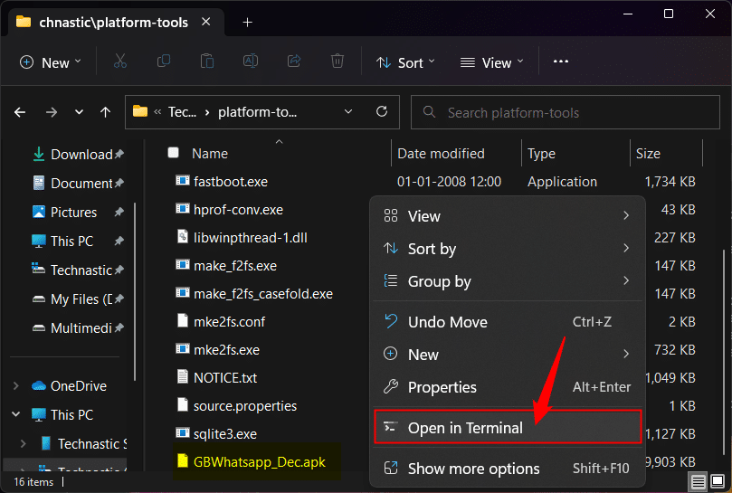 open terminal window in adb platform tools folder