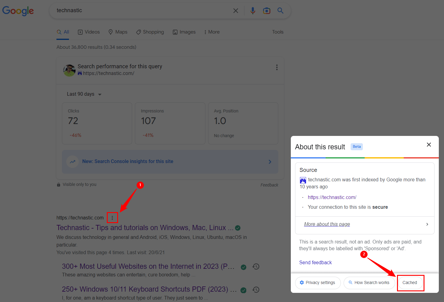 Google web page cache option
