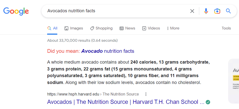 google search nutrition facts