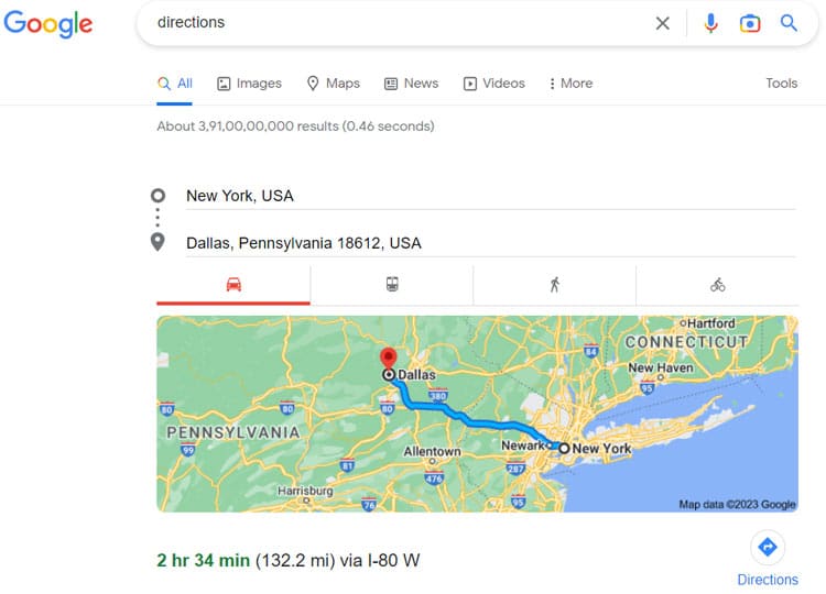 get directions on google search
