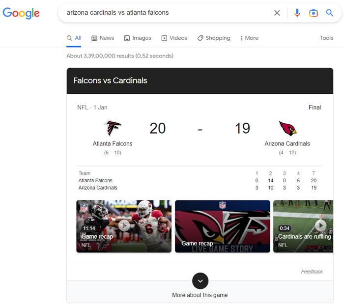 google search sports score