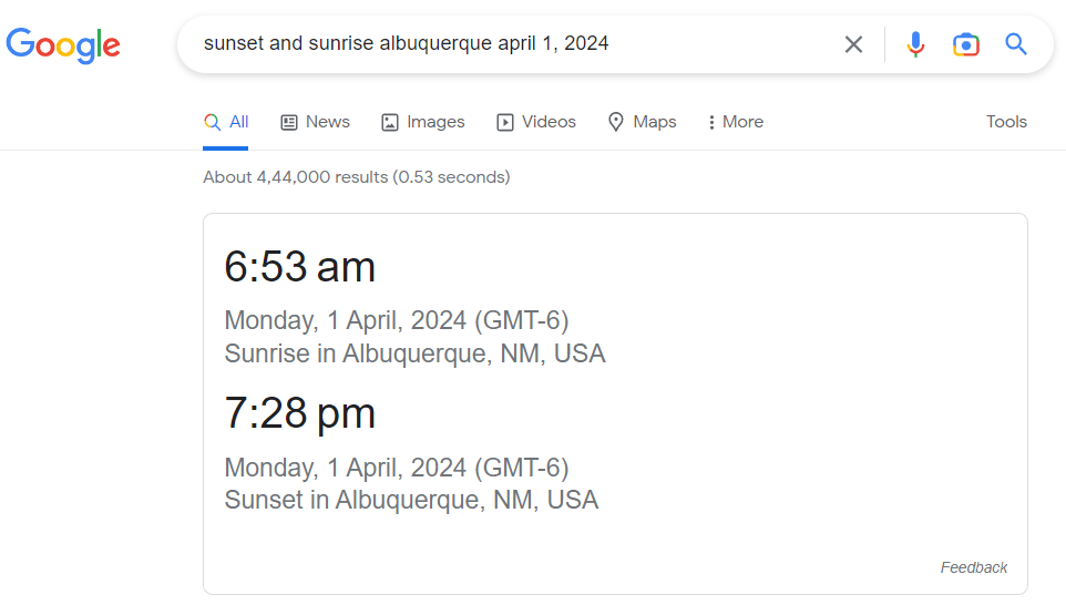 search sunrise and sunset time in google