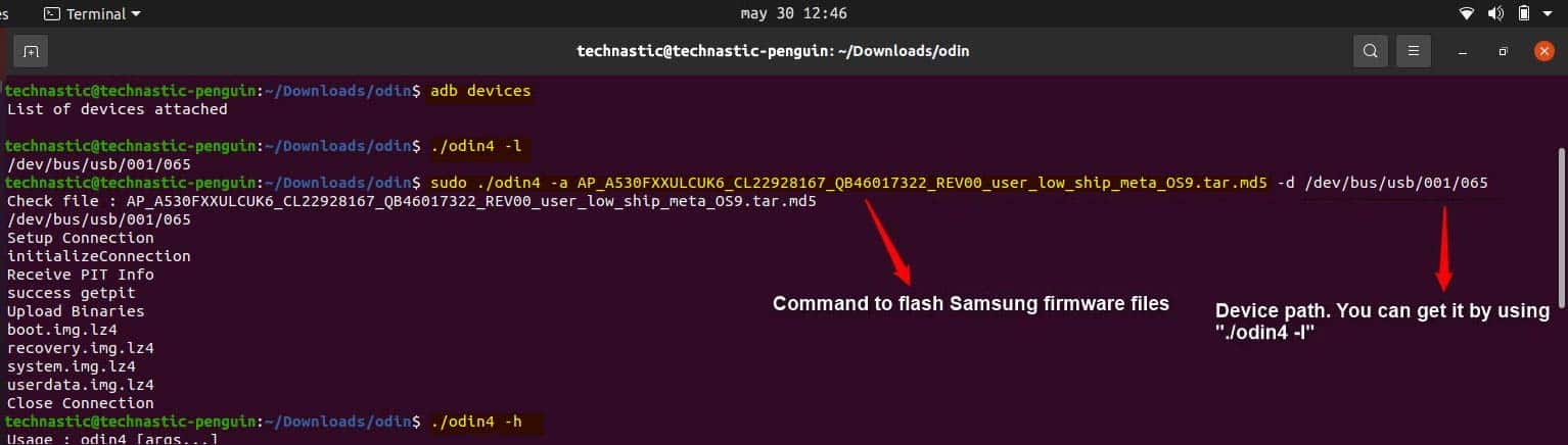 Flash samsung firmware on linux via linux terminal