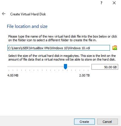 file location size for windows 10 vm on linux