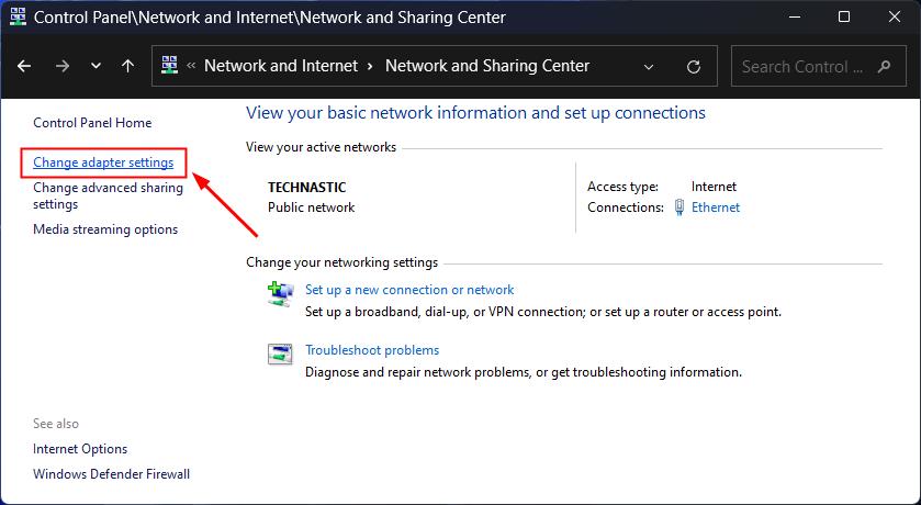 network and sharing settings center in windows