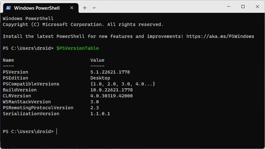 check windows powershell version with command