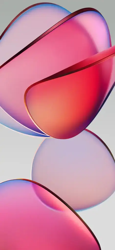 HyperOS 4 wallpaper featuring layered pink and red translucent abstract shapes on a soft gray background