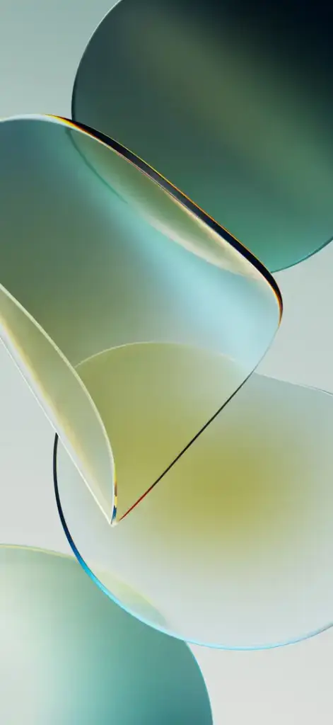 HyperOS 4 wallpaper with green, cyan, and yellow translucent abstract curves on a light background