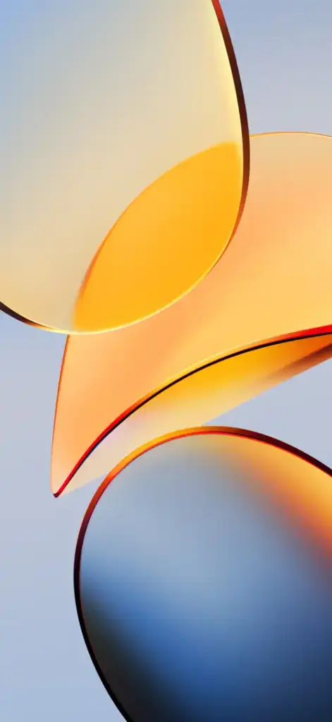 HyperOS 4 wallpaper featuring orange and yellow glossy abstract shapes with blue accents