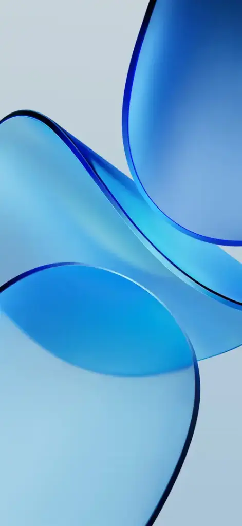 HyperOS 4 wallpaper with vibrant blue and cyan translucent curved shapes on a pale background