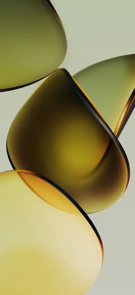 HyperOS 4 wallpaper featuring olive green, yellow, and gold translucent abstract shapes on a light background