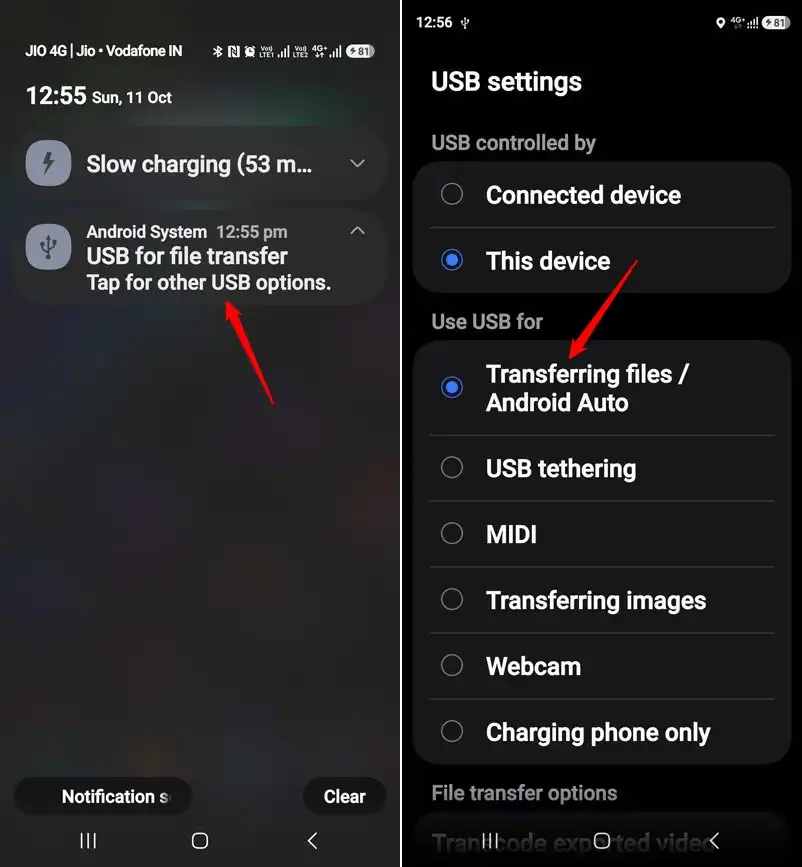 enable file transferring mode on android