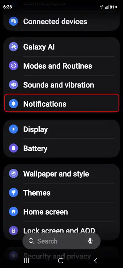 notifications option in samsung settings menu